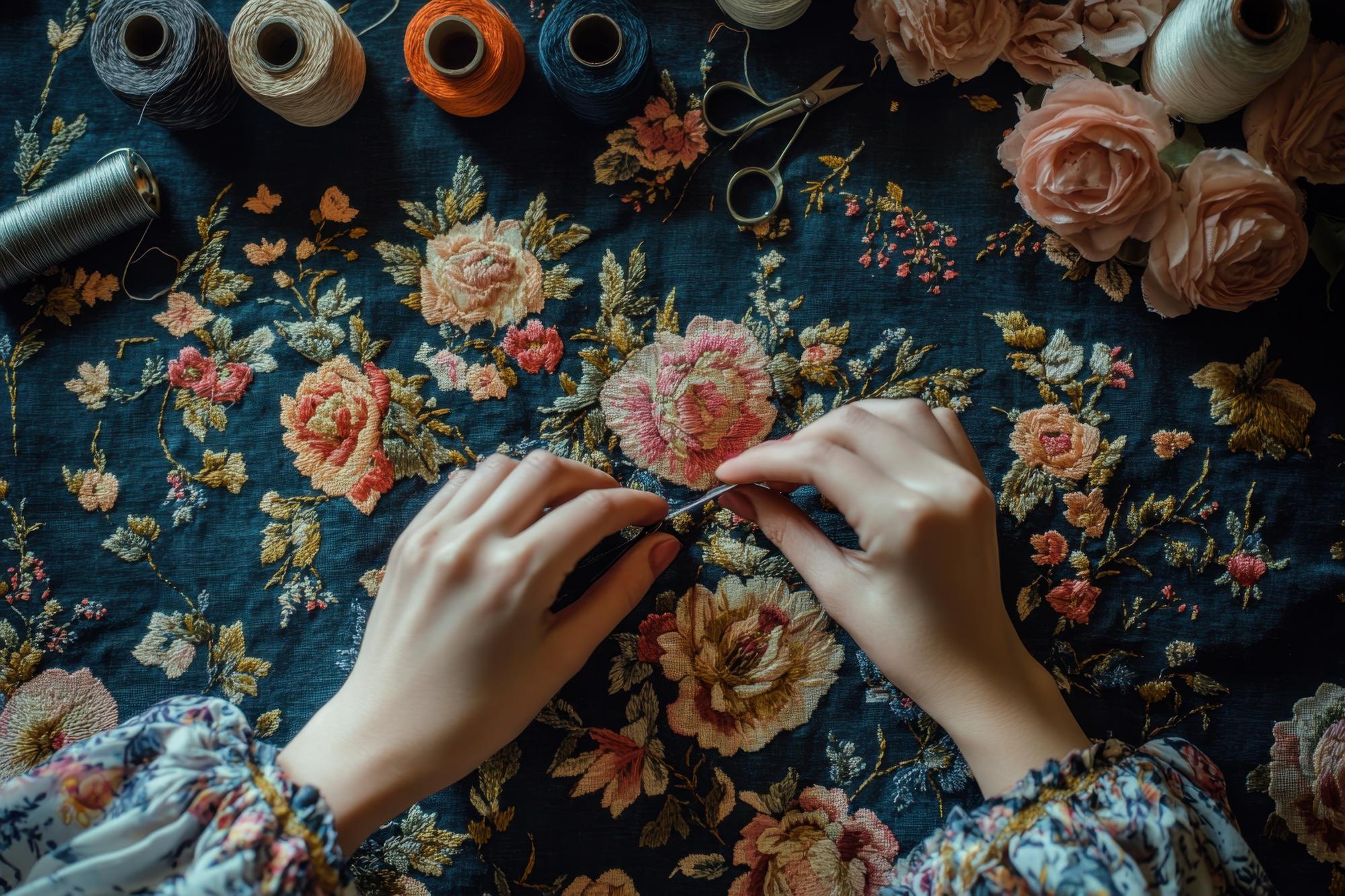 hand-stitched linen with floral embroidery